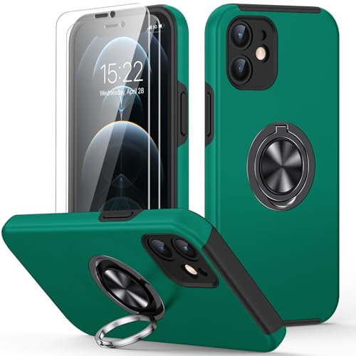 AOUIA iPhone 12 Case with Screen Protector [2PCS], 360° Ring Stand, Multi-Layer Protective Cover, Shockproof for iPhone 12, Green