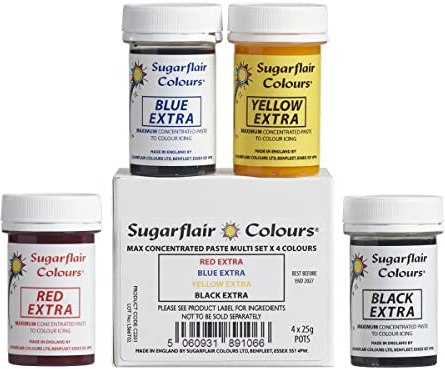 Sugarflair Extra Food Colouring Paste Colours Set 4x 25g - Maximum Concentrated Paste Food Dye for Cake Decorating, Fondant, Buttercream, Cake Batter and More - Vegan, Kosher, Bake-Stable