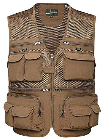 Sukany Men's Mesh Fishing Vest Utility Multi-Pocket Outdoor Work Shooting Safari Travel Photography Vest Khaki XL