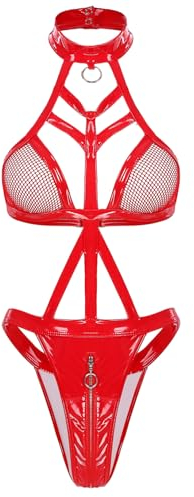 Freebily Damen Wetlook Body Ouvert Latex Dessous Transparent Mesh BH Oberteil High Cut Tanga Slip Lack Leder Catsuit Stringbody Reizwäsche Rot U M