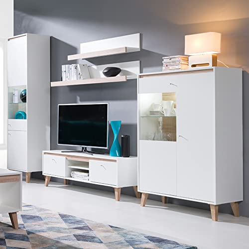 Lomadox Wohnzimmer Wohnwand Set mit LED Beleuchtung in weiß mit San Remo Eiche Nb., B/H/T ca. 305/205,5/40 cm