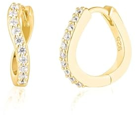 Brandlinger ® Ohrringe Silber 925. Creolen gold geschwungen mit weißen Zirkonia. Schmuck Damen vergoldet mit 18 Karat (Silber und Gold) für Frauen und Mädchen. Durchmesser der Creolen 15,4mm.
