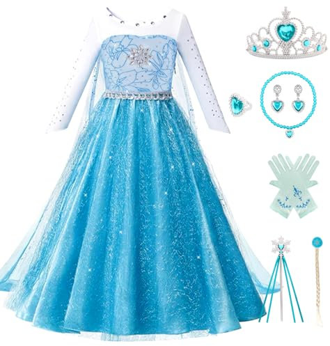 Kitimi Elsa Kleid Prinzessin Kleid Mädchen mit Krone Zauberstab Halsketten, Elsa Eiskönigin Kostüm Mädchen, Abendkleid Lang Elsa Prinzessin Kostüm für Weihnachten Cosplay Karneval Geburtstag Party