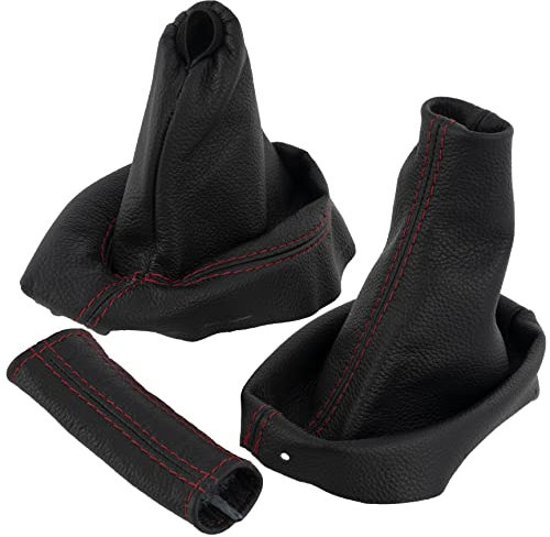 AERZETIX - C63399 - Funda para palanca de cambios y freno de mano en piel genuina - compatible con Peugeot 308 I 2007-2013 - color: negro con costuras rojas - para caja de cambios manual