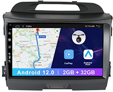 Android 12 Double Din Car Stereo GPS Sat Nav Fit For Kia Sportage 2011-2016 -[2GB+32GB] - 9 inch Head Unit with Free Rear Camera - Support DAB+ |Bluetooth|Mirrorlink|WiFi|RDS|Aux