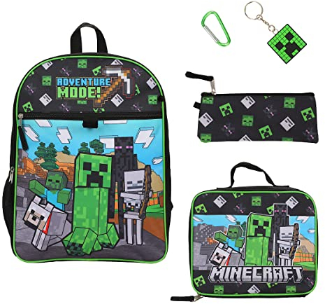 Bioworld Minecraft 5 Piece Set: 16 inch Backpack, Lunchbox, Utility Case, Rubber Keychain, and Carabiner, Multicolored, 1 Size, Modern