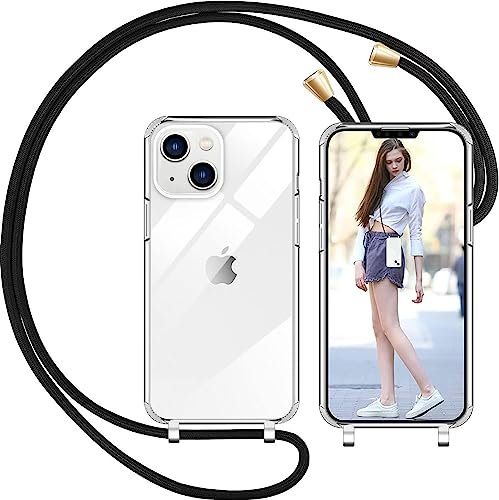 Nupcknn Coque avec Cordon pour iPhone 13, Transparent Coque Collier Réglable Téléphone Étui Portable Lanyard Case Protection Complète Cover de iPhone 13(Transparent Or)