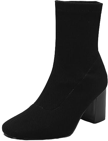 Stivali da donna con zeppa in tessuto, con punta quadrata, con tacco alto, elasticizzati, tinta unita, per il tempo libero, Nero , 37 EU