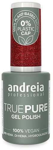 Andreia Professional Hema Free Gel Polish - TRUE PURE 21 Free and 100% Vegan for Sensitive Nails - Semi-Permanent UV LED Soak Off Gel Nail Varnish - Colour T39 Glitter Red 10.5ml