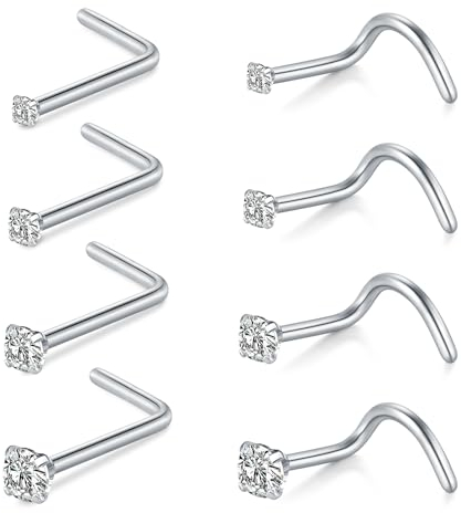 WillTen 20G Percing au Nez Set, Piercing Vis Acier Chirurgical de 7mm Avec Zircone Cubique, 8PCS Ensemble de Bijoux Nasal Pour Femmes