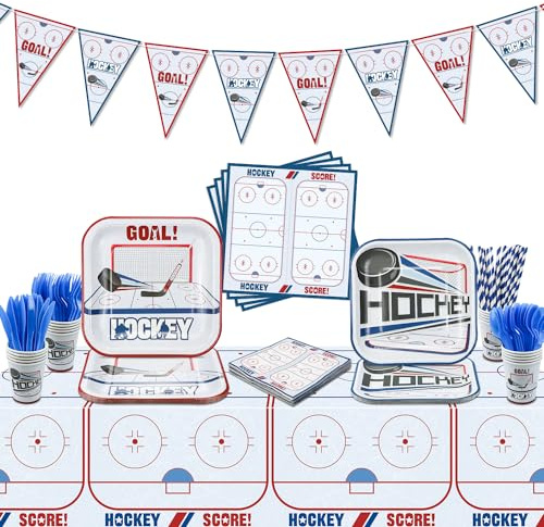 162Pcs Hockey Party Decorations - Including Hockey Theme Plates, Napkins, Cups, Birthday Banner for Ice Hockey Party Decoration Kids Party Supplies, Serve 20
