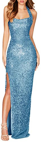 Luckywaqng Abito con glitter da donna, elegante, lungo, da cocktail, sexy, senza spalline, collo appeso, slim fit, con fessura, per donne, senza maniche, con paillettes, lunghezza del pavimento, Blu,