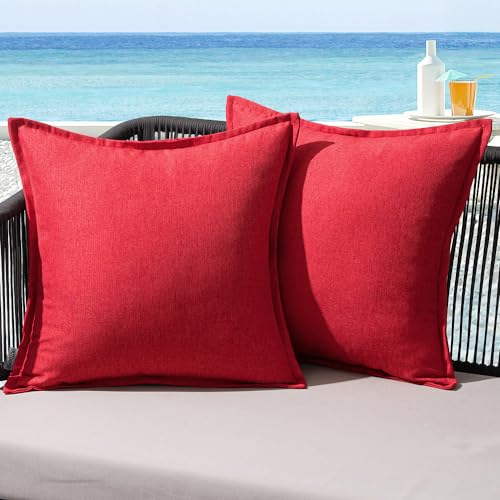 MIULEE Outdoor Kissen Wetterfest Kissenbezug Wasserdichter Dekorative Kissenbezüge Leinen-Optik Sofakissen Dekokissen für Garten Sofa Couch Wohnzimmer Schlafzimmer 2er Set 50x50cm Rot