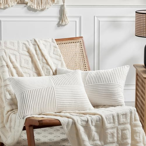 FDTERN 2er Set Creme Weiß Kordsamt Kissenbezug 40x60 Weich Dekorative Kissenbezüge Kissenhülle Dekokissenbezug Sofakissen Dekokissen Boho Deko für Sofa Schlafzimmer Wohnzimmer