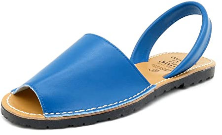 Damen Avarcas Spanische Ledersandalen aus echtem Leder bequeme Menorquina Sommerschuhe mit Fersenriemchen himmelblau blau 42