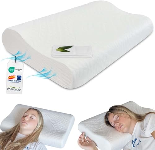 MOMMY CONFORT Almohada Viscoelástica Cervicales y Cuello 60x35-8/10 cm - Funda Interior + Funda Lavable con Cremallera - Almohada Cervical Doble Altura Ergonomica + Ortopédica Reducir Dolores Cuello