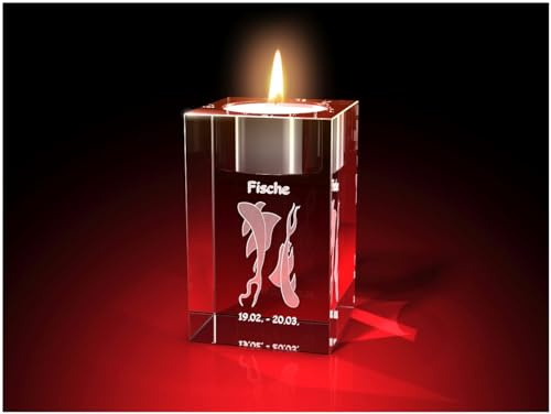 GLASFOTO.COM, Sternzeichen Fische - Teelichthalter (50 x 80 x 50), Kristallglas Innengravur in Premiumqualität