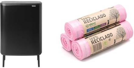 Brabantia Bo Touch Bin Hi - 2 x 30L Inner Buckets (Matt Black) Large Waste/Recycling Kitchen Bin - Soft-touch & Relevo 100% Recycled Scented Bin Liners, Heavy Duty 30L, 45 Bin Bags
