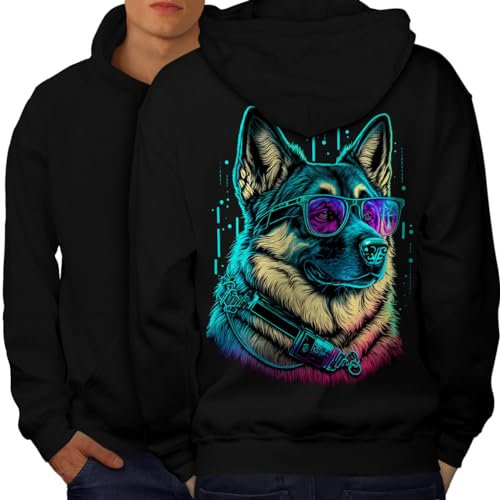 Wellcoda Cyber Synthwave Hund Hipster Kühlen Männer Kapuzenpullover Schwarz 5XL