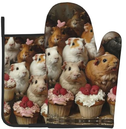 2-teiliges Set mit Meerschweinchen und Cupcakes, Mehrzweck-Ofenhandschuhe, für Grill, Küche, Backen