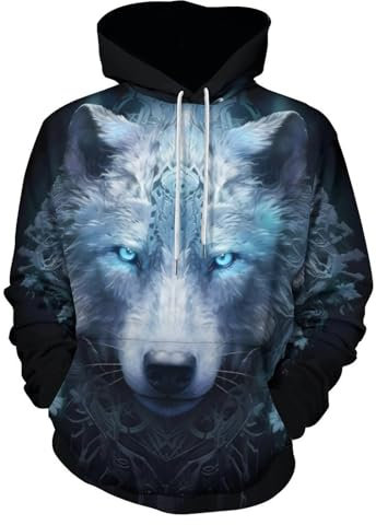 GLUDEAR Herren Vikings Tattoo nordische Mythologie Grafik 3D Druck Hoodie Pullover Sweatshirt Hoodies, Blue Eye Cool Viking Wolf, Small