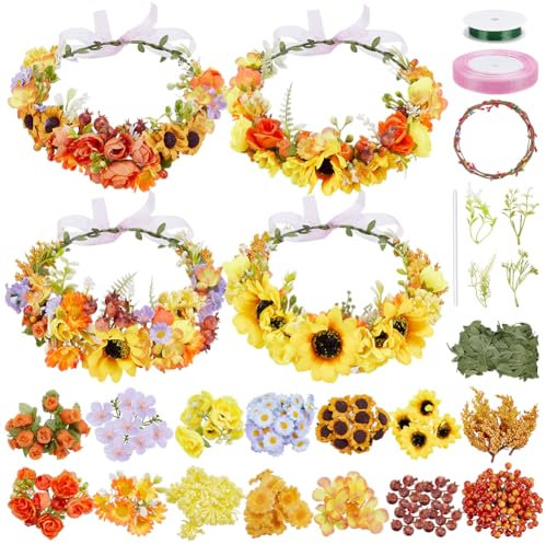 FREEBLOSS 90+ Blumenkrone DIY Kit Blumenkronen Bastelset DIY Blumenkrone Girlande Kit Haarschmuck Handarbeit Machen Sie Ihre Eigene Blumenkranzkrone Frühlings Und Herbstblumenkrone