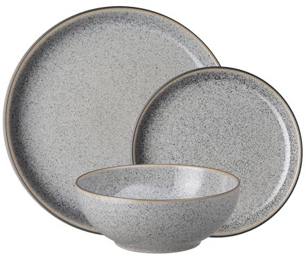 Denby - Studio Grey 12 Piece Tableware Set - Dishwasher & Microwave Safe Crockery - Soft Textured Glaze - Ceramic Stoneware - Chip & Crack Resistant - Dinner Plates, Medium Plates & Cereal Bowls