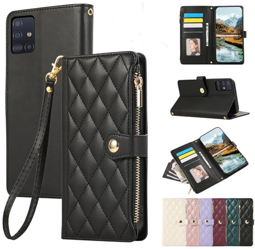 Vaitasy Handyhülle für Samsung Galaxy A71 4G Schwarz | Reißverschluss Hülle Business PU Leder Klapphülle für Galaxy A71 4G Schutzhülle mit Kartensteckplatz Ständer