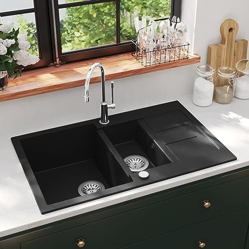 Home & Garden-Fregadero de cocina de granito, doble lavabo, color negro