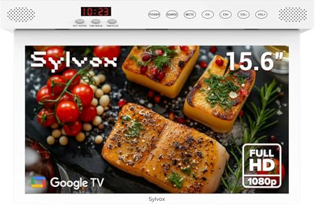 SYLVOX 15.6 inch Smart Under Cabinet TV, 1080P Kitchen Television 360°Rotation & 90°Folding, Built-in Timer, Screen Casting, Google Assistant, Flip Down TV for Kitchen, Bedroom, Campervan (White)