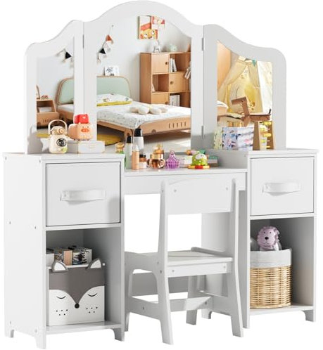 MAMIZO 2 in 1 Schminktisch Kinder, Kinderschminktisch mit Abnehmbarem Spiegel, Schminktisch Mädchen, Schreibtisch mit Hocker, Prinzessin Frisiertisch aus Holz, 108x30x114 cm Kinder Schminktisch Weiße