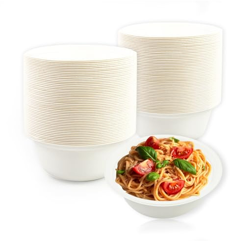 LDFDRT 100 Pcs Bols en Papier Jetables Bagasse Bols a Soupe Des Vaisselle jetable Pour Les Fêtes (blanc, 350ML)