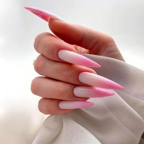MouyouGlow Press on Nails Lang,Stiletto Milchig Weiß Verlauf Rosa Fake Nails mit Nagelkleber,Milky White Gradient Pink Künstliche Fingernägel