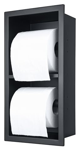 IKITRAEE Einbau Edelstahl WC-Doppel-Toilettenpapierhalter mit Aufbewahrung – Multifunktionaler Unterputz-Wandnischenhalter für 2 Rollen, Matt Schwarz, 34 x 17.9 x 10 cm