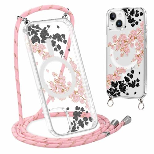 Saqmkil Funda Magnética con Cuerda para iPhone 14 Plus 6,7'' [Compatible con MagSafe], Transparente Carcasa con Ajustable Collar Cordón, Aesthetic Dibujos Diseño Case para iPhone 14 Plus, Flores 02