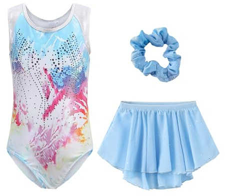 SEAUR Turnanzug Mädchen Gymnastikanzug Glitzer Gymnastik Trikot mit Rock und Haarband Kinder Ärmellos Leotard Set Mehrfarbig 5-12 Jahre