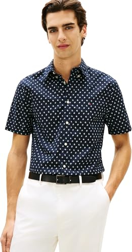 Tommy Hilfiger Flex Poplin PRT RF BD S/S MW0MW43140 - Camisa de Popelina para Hombre, Color Azul, XXL