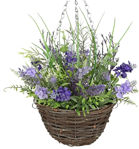 Arborus 50CM Artificial Hanging Basket Fake Lavender Plants with 10 Woven Pot Realistic Silk Flower Hanging Baskets Faux Floral Basket with Greenery for Home Farmhouse Porch Patio Indoor Decor