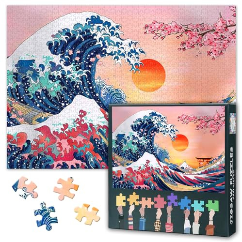 Japanische Welle Puzzle 1000 Teile - Kanagawa Vintage Motiv, 50x70 cm Asiatische Kunst für Wanddekoration & Sammlung