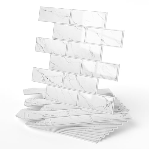 WADILE 3D Peel and Stick Subway Wall Tiles, 10PCS Aluminum Foil Backing Foam Brick Panels for Kitchen Bathroom Backsplash, Waterproof Self Adhesive Wall Stickers, Marble White