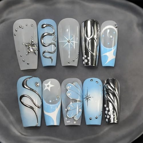 Steel Blue Gradient Chrome Art Press-On Nails With Rhinestones & Silver Patterns - 30PCS Short Coffin False Nail Set For Women, Elegant Manicure For Daily Wear Or Special Occasions
