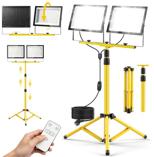 Viugreum 400W LED Baustrahler, Doppel 2x200W mit Stativ, 1.84M Einstellbar Teleskopisch, Bauscheinwerfer 5m Kabel, IP66 20000Lumen, 432LEDs Arbeitsscheinwerfer baustrahler led für Baustelle, Werkstatt
