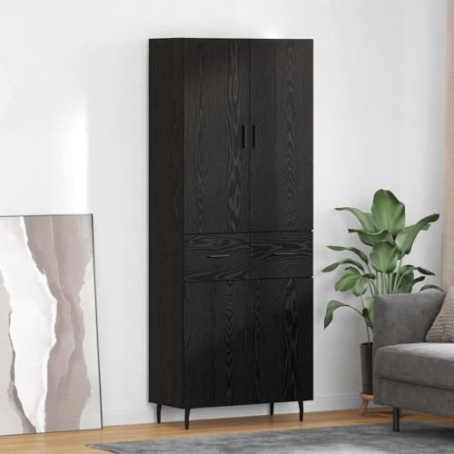 Weißes Highboard in Eichen-Optik aus Holzwerkstoff und Glas mit Metallfüßen, stabiles Highboard mit Wandhalterung, Elegantes mit Stauraum, modernes Aufbewahrungshighboard, 2 Stück
