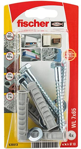 fischer - Kit fixation sanitaires WL 7 x 65 / Composition du blister : 4x chevilles à expansion SX 10x50, 4x tirefonds 7x65,4x rondelles