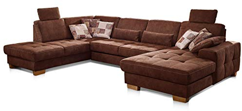CAVADORE Wohnlandschaft Puccino mit Federkern, Schlaffunktion, verstellbarer Rückenlehne und 2 Kopfstützen / Sofalandschaft in U-Form im Landhaus-Design / 340 x 86 x 224 cm / Mikrofaser braun
