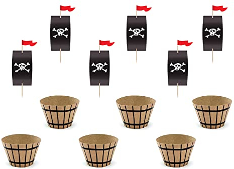 PartyDeco Piraten Muffin Förmchen 5x7,5x5cm & Cake Topper 20cm 6er Set, 18-teilig - Muffin Set - Cupcake Topper und Backförmchen für Kindergeburtstag Piratenparty Schatzsuche