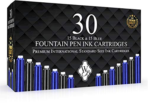 Wordsworth & Black 30 Pack Fountain Pen Ink Refills - Set of 15 Black - 15 Blue Ink Cartridges - International Standard Size - Length APPR 2.3 - Base Diameter APPR 0.24 - Disposable and Generic