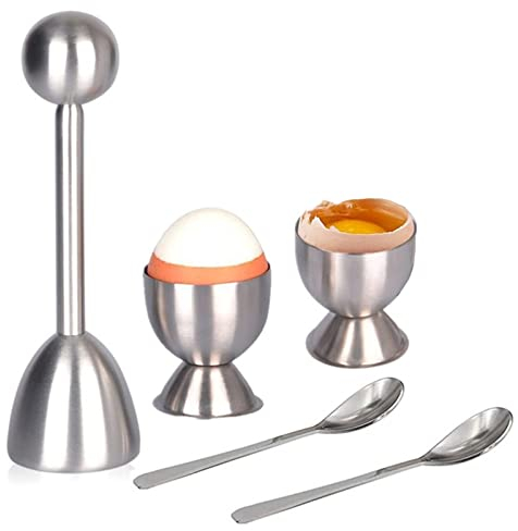 Egg Cutter Topper Set, 5 pcs Stainless Steel Egg Opener Egg Whacker Poached Egg Separator Egg Cracker Tool for Soft & Hard Boiled Eggs (2 Egg Cups+2 Oval Egg Spoons+1 Egg Topper Cutter Shell Remover)