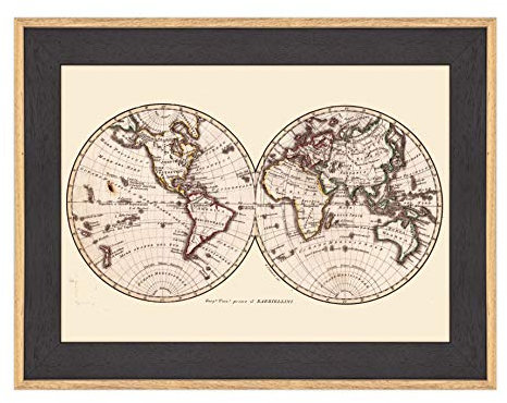 Poster e Stampa con Cornice Moderna - Antica Mappa del Mondo (458) - 30x42cm - Moderna con Battuta Legno Naturale e Nero