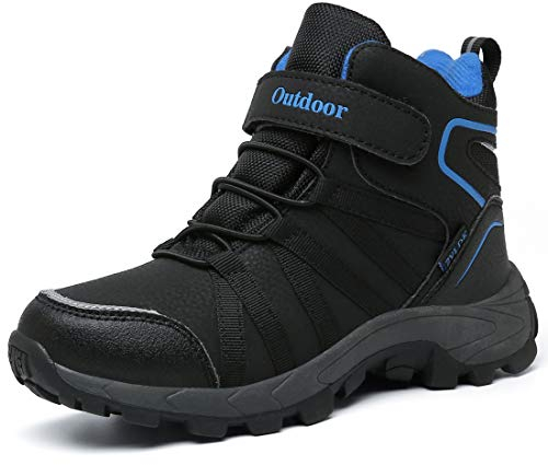 ZYLDK Winterstiefel Kinder Winterschuhe Wanderschuhe Schneestiefel Jungen Warmfutter Wasserdicht Baumwollschuhe Mädchen Trekking Snowboots Mit Klettverschluss,Schwarz-Blau,34 EU